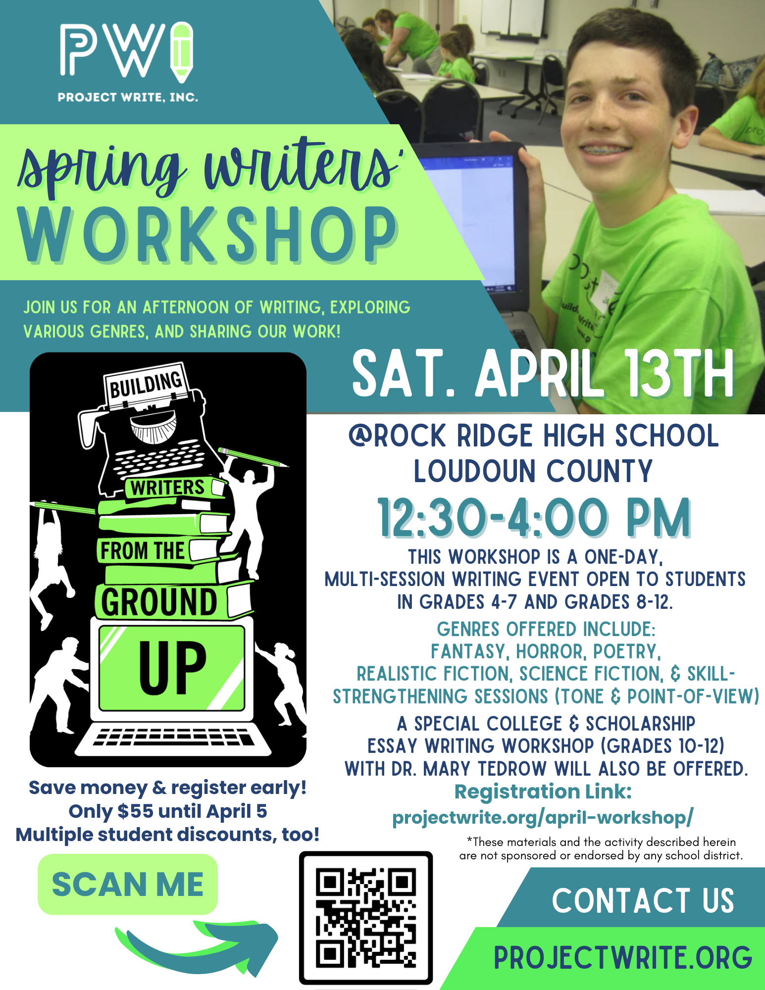 Upcoming workshop at Rock Ridge High School on Saturday, April 13.